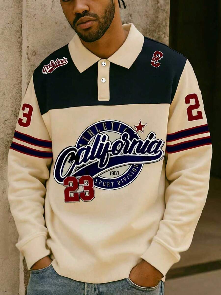 Vintage California Polo Shirt, Men's American Baseball Jacket With 1978 Letter Print Design, Contrast Color 23 Number Sports Jersey, Long Sleeve Casual Top, Loose Fit Streetwear Outerwear, Versatile Short Jacket, Outdoor Sports, Niche Ins Style, High-End Baseball Uniform, Men's Apparel, For Fall