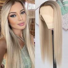 Purple Color Lace Front Wigs Pre Plucked Hairline Long Straight Wigs For Fashion Women Girls Party Daily Wear Glueless Dark Purple Lace Front Synthetic Wigs 13x4 Free Part Heat Resistant Fiber Hair 28 Inch 180% Density - 漸變金色 - 查看 2
