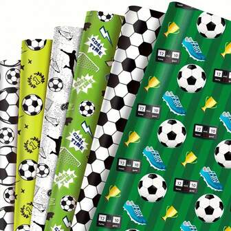 12pcs Football Sports Pattern Gift Wrapping Paper - White, Black, Green, Yellow-Green - Suitable For Party Gift Boxes - Decorative Paper For Sports Enthusiasts