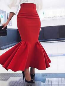 Jupe évasée à taille nouée en tissu tricoté de couleur unie pour femmes grandes tailles, convient pour toutes les saisons - Rouge - Voir 4