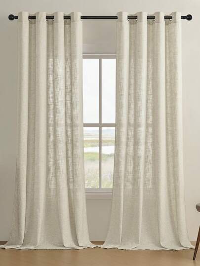 2pcs Farmhouse Thick Linen Texture Sheer Curtains, Rustic Style Semi-Transparent Linen Textured Curtains For Living Room, Bedroom, Privacy - 100% Polyester
