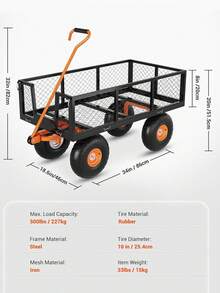 Carro de jardín fabricado en acero con laterales desmontables con capacidad de 226 kg, con mango giratorio de 180° de 80 cm para jardín, camping, festival.