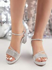 Sandalias de mujer con diamantes brillantes, tacón grueso, punta abierta, tira sencilla, elegantes para fiesta y noche - Plateado - Ver 2
