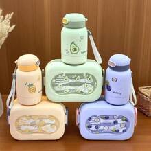 1-Piece Bento Box With Straw And Water Bottle Set, Plastic Sports Water Bottle With Straw Cup, Large Capacity Lunch Box With Cute Animal Cartoon Pattern, Lunch Boxes, Back To School, Christmas, Food, School Supplies, Holiday Essentials, Bento Boxes, School Lunch Boxes, Christmas Gifts, Travel Essentials, Camping, School, Snack Boxes - Multicolor - View 3