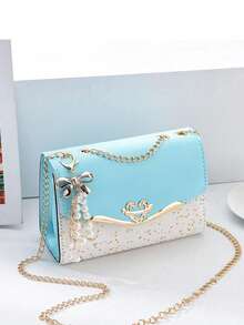 حقيبة كتف نسائية مزينة بسلسلة معدنية قابلة للطي، حقيبة كروس جديدة بتصميم أنيق مزينة بترتر، حقيبة رسول كورية عصرية، محفظة هاتف وحقيبة نقود