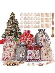 24pcs Christmas Gift Bag Set, Countdown Calendar Drawstring Bag, Christmas Candy Pouch Packaging Bags Home Decor Christmas Decorations Room Decor Winter