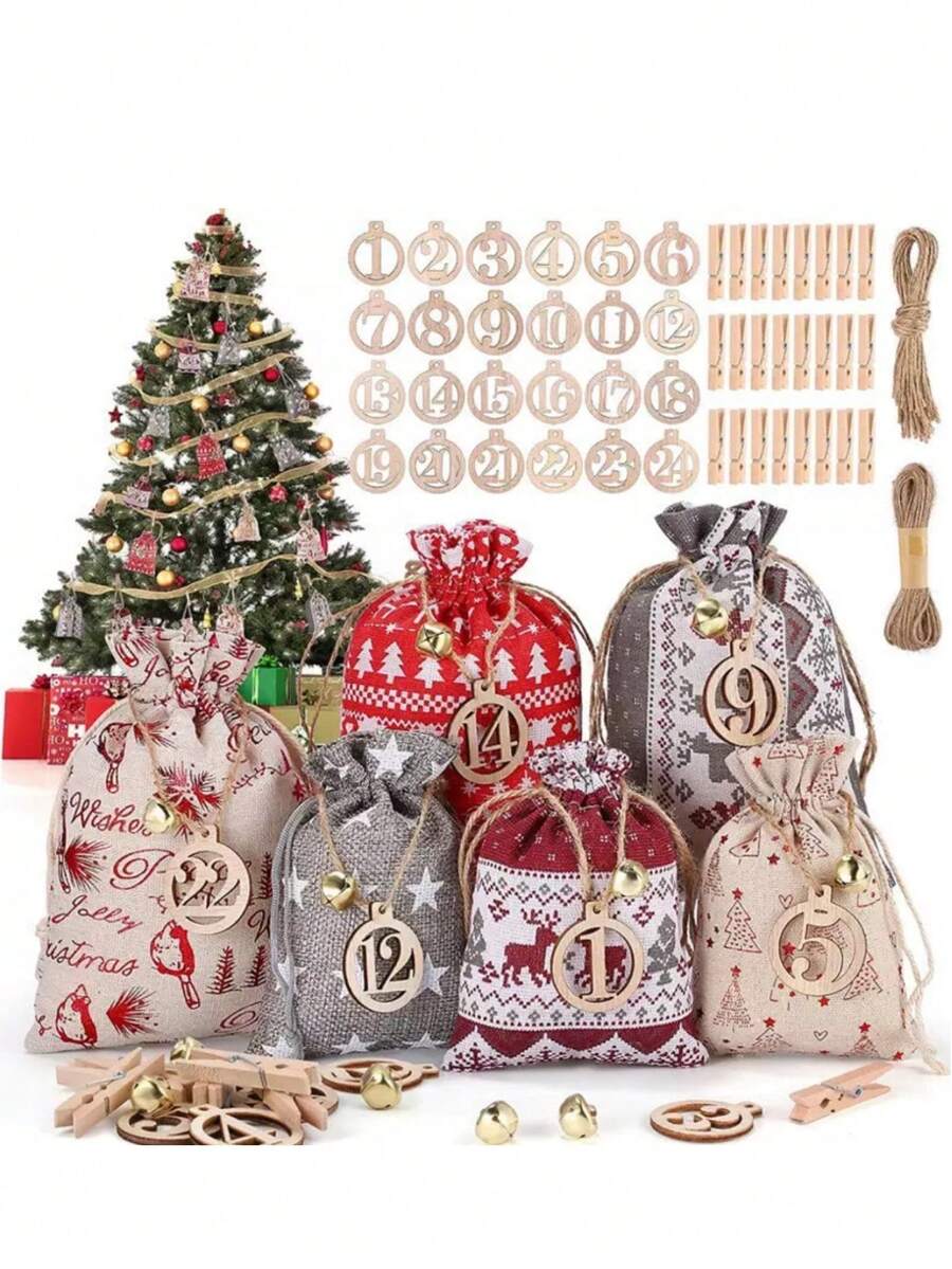 24pcs Christmas Gift Bag Set, Countdown Calendar Drawstring Bag, Christmas Candy Pouch Packaging Bags Home Decor Christmas Decorations Room Decor Winter