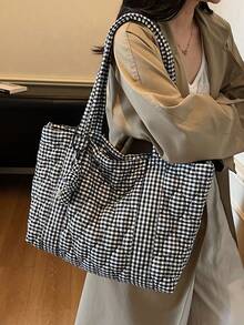 2025新款绗缝大容量单肩托特包，适合女性日常使用，通勤，学校，大学生，黑白，拉链开合，柔软，可折叠，休闲，轻便，短途旅行，购物 - 黑與白 - 查看 5