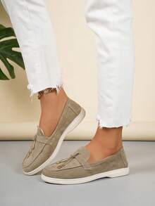 Women's Fashion Solid Color Round Toe Slip-On Loafers, Casual Outdoor Fringe Buckle Decor Soft Bottom Comfortable Ballet Flats - Khaki - View 4