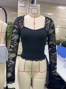 Women's Lace Trim Square Neck T Shirt Y2K Long Flare Cuff Sleeve Basic Tops Slim Fit Base Layer Blouse Shirts - 白色 - 查看 3