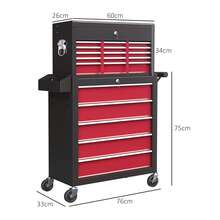 HOMCOM 2 In 1 Rolling Tool Cabinet On Wheels With 14 Drawers, Pegboard And Side Rack, Lockable Top Tool Chest And Roller Cabinet Combo For Workshop And Home, Red - 紅色 - 查看 3
