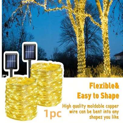 1 buc. Lumini LED cu șir de lumini pentru exterior, alimentate cu energie solară, coroane de lumini din sârmă de cupru, lumini inteligente pentru grădină cu energie solară în 8 moduri, potrivite pentru petrecere, nuntă, gazon, curte, cale, copaci, Ramadan, Halloween, Anul Nou, decorațiuni de Crăciun