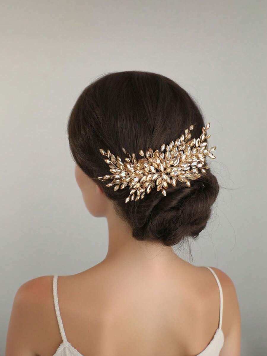 1pc Women's Handmade Woven Gold Luxury Hair Comb, Romantic Headpiece, Red Vibrant Brilliant Silver Accessory, Bridal Wedding Decor, Sparkling Crystal Jewelry Valentine's Day Accessories - 香檳色 - 查看 1