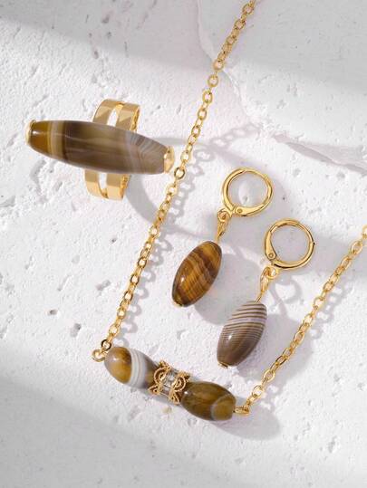 Casual Agate Jewelry Set For Women, Necklace Pendant Earrings Ring, Each Natural Agate Stone Has Unique Patterns And Random Colors, Suitable For Women's Daily Wear, Women's Gift