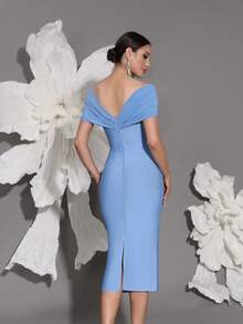 新款针织绷带露肩连衣裙，手工串珠，性感修身开衩下摆，适合家庭聚会、派对、宴会、鸡尾酒会 - 淺藍色 - 查看 5