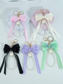 1 Cute Bow With Heart Strap Pearl Bag Pendant, Bag Accessory Faux Pearl Keychain, Cute Faux Pearl Beaded Bracelet Keychain, Retro Charm Wallet Bag Backpack Car Charm For Women And Girls, Ribbon Pearl Pendant Suitable Gift For Friends, Relatives, Valentines - Multicolor - View 12