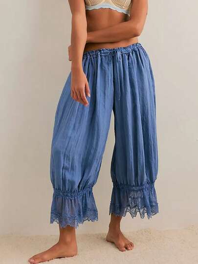 Women Lace Trim Long Bloomers Y2k Elastic Mid Rise Ruffle Victorian Pantaloons Cropped Flared Slips Pants Pumpkin Pants