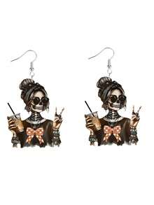 2pcs Halloween Acrylic Bow Skull Girl Earrings, Suitable For Women To Wear On Halloween