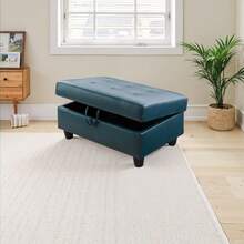 Luxury Peacock Blue Semi-PU Leather 3-Piece Sofa Set With Storage Ottoman - Premium Synthetic Leather Sectional Couch With Solid Wood Frame |[2 Options] Choose Full Set (With 2 Pillows)  Or Ottoman Only - 墨綠色 - 查看 5