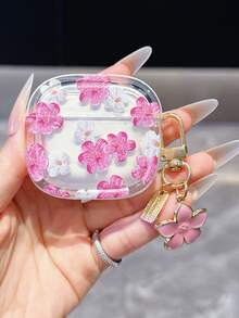 粉色透明碎花图案无线蓝牙耳机保护套，兼容第三代Pro无线蓝牙耳机，简约柔软保护套，适用于Pro 2/3/4代，男女皆宜 - 玫紅色 - 查看 9