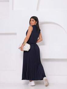 L178/573 Women's Set Vest + Pleated Skirt In Simple Tailoring Casual Fabric Button Set Beach Night Wedding Holiday All - Màu xanh hải quân - Xem 5