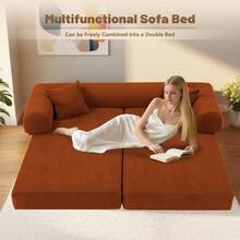 Sofa Bed,80"4-In-1 Convertible Modular Sofa Bed With Pillows,Floor Lounge Sofa, Corduroy Foldable Sofa Bed,For Living Room, Bedroom, Lounge, Studio No Assembly Needed - 橘色 - 查看 10
