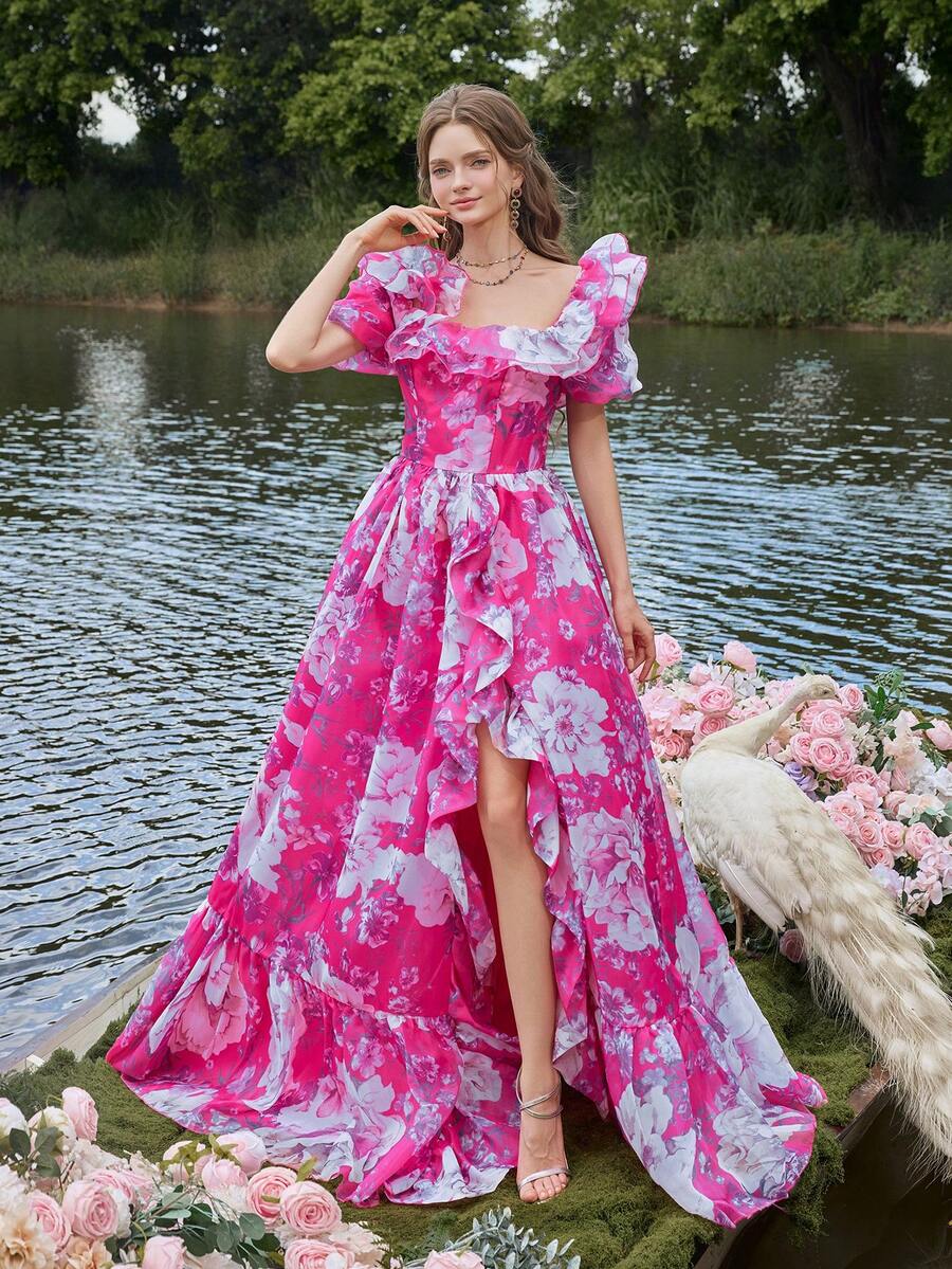 Faeriesty Vestido de noite longo em chiffon ultrafino, com amarração nas costas, detalhes em babados e estampa. Ideal para festas no jardim e casamentos na primavera/verão. - Rosa Quente - Ver 1