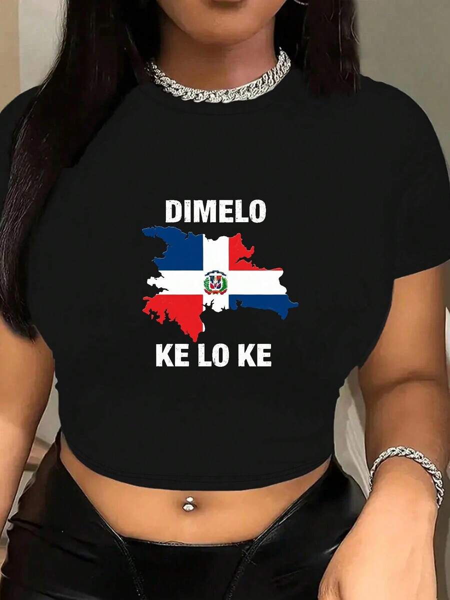 1pc Dominican Republic Flag Map Crop Tee, Women's Slim Fit Short Sleeve, Y2K Vintage, Casual Daily Top,Independence Day Short T-Shirt - 黑色 - 查看 1