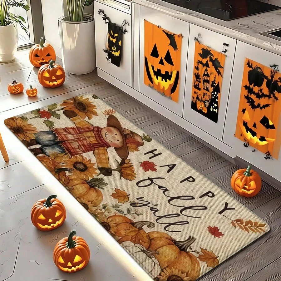 1 pièce/2 pièces/3 pièces Tapis de sol de cuisine épais imprimé de citrouille et d'épouvantail d'automne pour Thanksgiving et Halloween, tapis antidérapant et résistant à l'huile imprimé pour Thanksgiving, tapis de cuisine imperméable, tapis d'entrée lavable, tapis absorbant pour la cuisine, le salon, la buanderie, la salle de bain, décoration de la maison