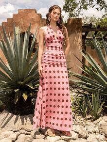 Faeriesty BohoBloom Women's Backless Polka Dot Dress, Adjustable Tie-Back, Ruched Waist Design - Bohemian Beach Vacation, Casual Outing, Garden Party, Summer Outfit | Women's Clothing - Pink - View 5