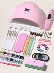 22 piezas Kit de Arte de Uñas: Lámpara de Uñas, Taladro de Uñas, Bolígrafos de Arte de Uñas, Bolígrafo Punteado, Decoraciones de Uñas, Separador de Dedos, Empujador de Cutículas, Cortaúñas de Cutículas, Alambre de Oro/Plata para Uñas, Cepillo de Uñas