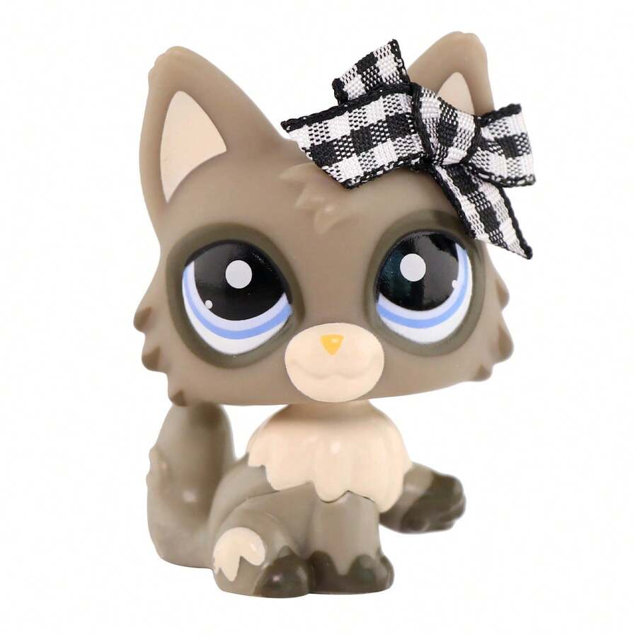Minilpsshop Wolf Cat 1953 Grey Black Blue Dot Eyes With Bow Accessory
