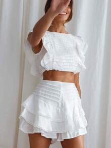 Women' S Ruffle Sleeve Top Mini Shorts Solid/ Floral 2 Piece Set, Summer Cute Casual Outfit For Beach, Date, Vacation - White - View 4