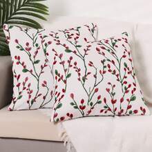 2 Pcs Classical Embroidery Jacquard Teal Decoration Throw Pillow Cover Pattern Pillow Cases For Outdoor Indoor - Red Flower - View 2