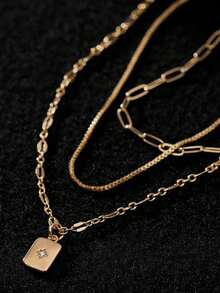 3 件/套金色多层堆叠方晶锆石方形回形针盒链和闪亮方晶锆石矩形吊坠项链女士首饰（链条、扣环和珠子数量随机） - 金色 - 查看 3