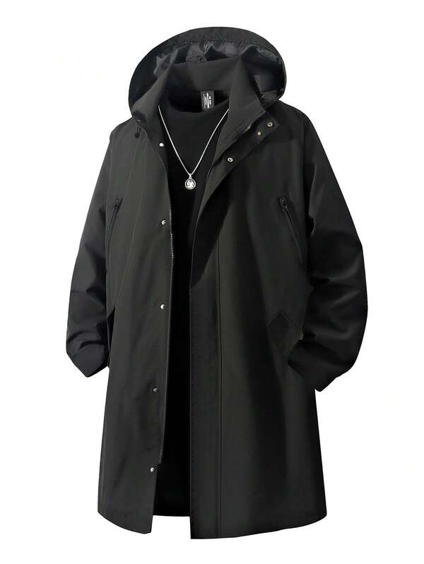 Plus Size Men's Solid Color Long Sleeve Hooded Trench Coat, Suitable For Autumn