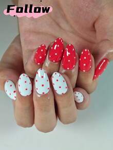 10片手工杏仁形极简美甲贴纸，波点美甲风格，红白配色，甜美可爱中带一丝酷感，优雅气质，奢华极简之美。美甲用品，按压式美甲贴纸。 - 彩色 - 查看 4