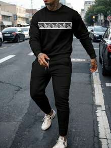 男士几何印花圆领长袖运动衫和运动裤休闲套装，秋季 - 黑色 - 查看 1