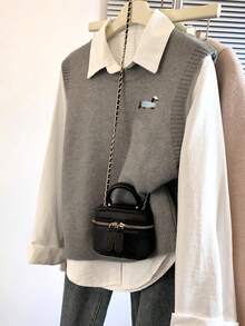 Alicedudu 女式卡通图案圆领套头背心，秋冬 - 灰色 - 查看 1