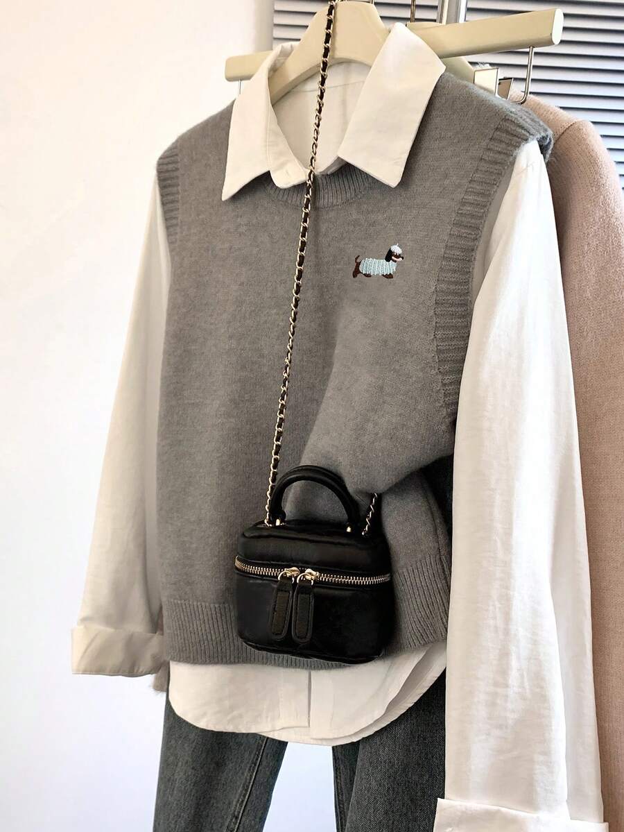 Alicedudu 女式卡通图案圆领套头背心，秋冬 - 灰色 - 查看 1