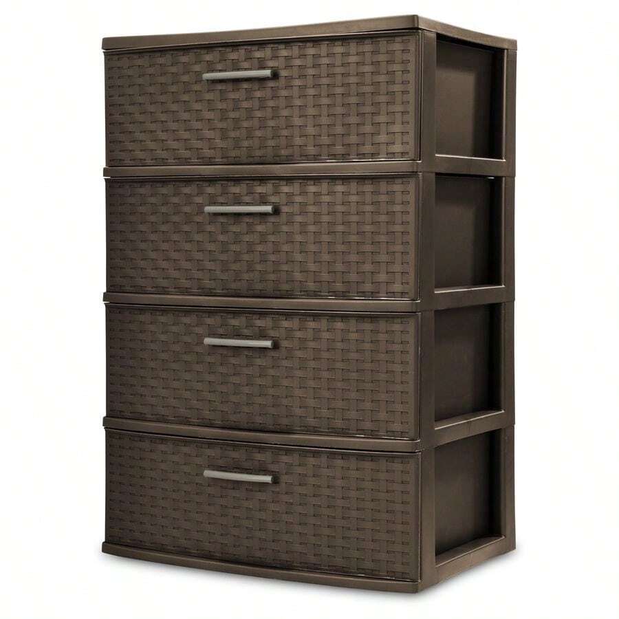 Local DeliveryElegant Wide-Woven Plastic Storage Drawers With Pull Handles, Rich Brown Finish - Multicolor - View 1