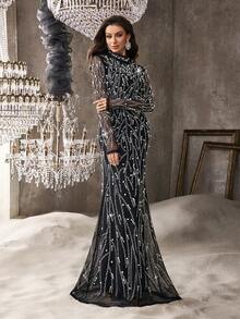 Elisanya Vestido Longo Feminino Slim Brilhante de Manga Longa com Aplicações de Strass e Miçangas na Cor Laranja Damasco para Jantar, Banquete, Festa de Coquetel - Preto - Visão 4