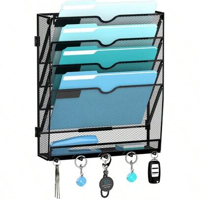 Wall File Organizer With 5 Hooks 5 Tier Hanging File Organizer, Vertical Wall Mount Mail Organizer Papers, Folders, Magazines, Bills, OfficeSchool Organization, Black