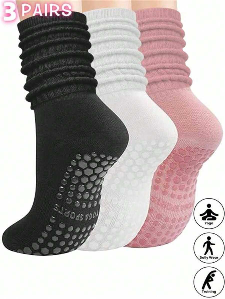 3 pares de calcetines de tripulación multicolor para mujer, aptos para pilates, yoga, ballet, deportes, calcetines antideslizantes para hospitales, regalo ideal para el Día de San Valentín, calcetines suaves y cómodos con agarre para todas las estaciones - Multicolor - Ver 1