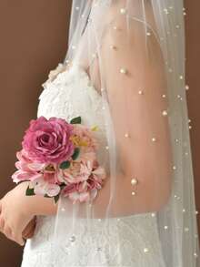 1 件时尚人造珍珠新娘头纱，适合婚礼、婚纱摄影、登记、节日、派对，带发梳、订婚仪式头饰 - 米色 - 查看 3