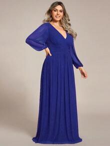 EVERPRETTY Plus Size Elegant Deep V-Neck Long Sleeve Blue Formal Evening Gown, Suitable For Weddings, Galas, Autumn/Winter/Spring - Royal Blue - View 5