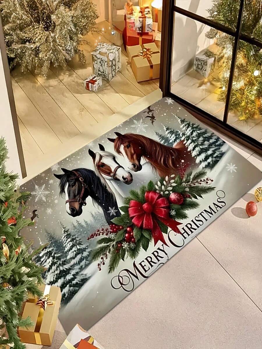 Capacho de porta com tema de cavalo de Natal Love Etiquette, 1/2 unidades - Tapete de nylon lavável à máquina, adequado para entrada de família, perfeito para decoração de festivais, decoração de Natal, cozinha, sala de estar, quarto, tapete de lavanderia - Multicolorido - Ver 1