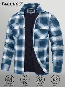 KEFITEVD Men's Flannel Shirt Jacket Winter Warm Fleece Lined Plaid Coat Button Down Shirt With Pockets - Xanh và trắng - Xem 1