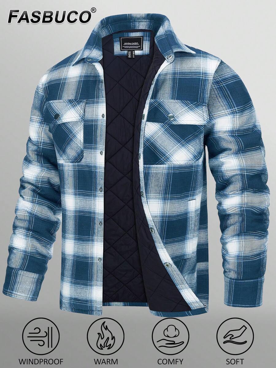KEFITEVD Men's Flannel Shirt Jacket Winter Warm Fleece Lined Plaid Coat Button Down Shirt With Pockets - Xanh và trắng - Xem 1