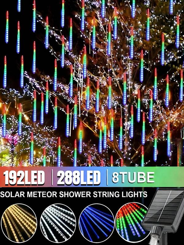1 cordão de luz solar para chuva de meteoros com 8 tubos - 192/288 LEDs, luz de conto de fadas à prova d'água IP65, usada para árvores, ruas, beirais, jardins, festas, varandas, casamentos, feriados, camping, ano novo, natal, decoração de Halloween, luz solar decorativa para ambientes externos - 30/45 cm (branco quente/branco/colorido/azul)